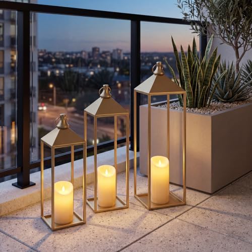 3 Pcs Large Gold Decorative Lanterns with Candles, Metal Candle Lantern