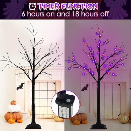 Set of 3, 4ft 5ft 6ft Lighted Black Halloween Tree with Orange Purple Light