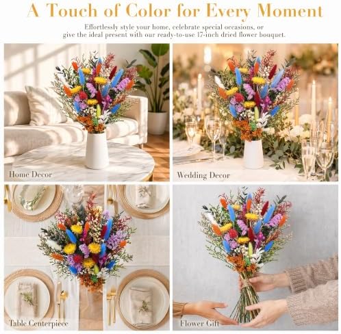 Umero Dried Flower Bouquet -17in Boho Vibrant Mixed Wildflowers for Vase