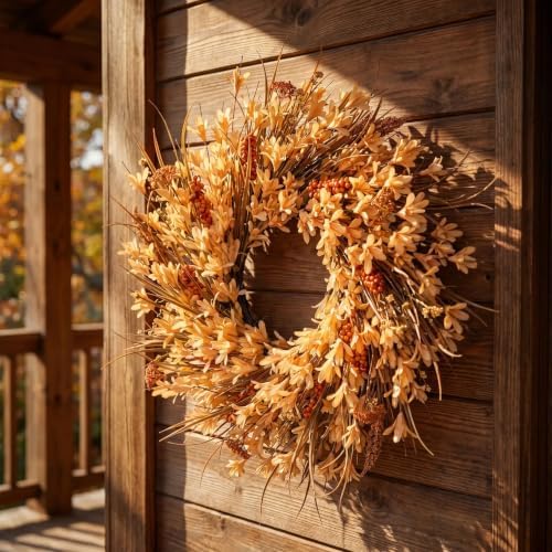 26" Large Fall Wreath for Front Door, Autumn Forsythia Rustic Harvest Decor
