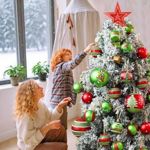 Lanpn 6Pcs 4" Large Outdoor Christmas Ornaments, Xmas Tree Elf Swirl Ball Decoration, Big Red Green Christmas Ornament, Giant Glittering String Ball Plastic Hanging Decor for Yard Lawn Holiday Party