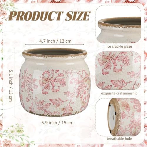 5.9'' Vintage Ceramic Planter, Ice Crack Glaze Pink Floral Pot