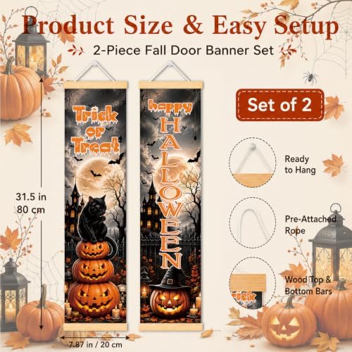 Black Cat Halloween Door Banner Set of 2, Halloween Porch Decor for Home