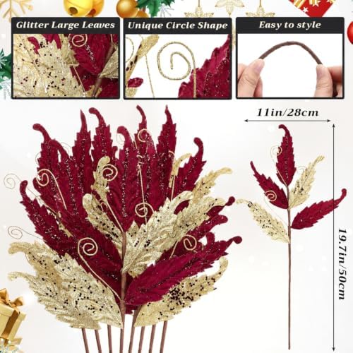 HyDren 10 Pcs Christmas Glitter Leaves Ornaments, Burgundy and Gold