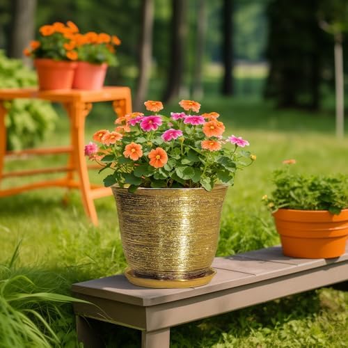 Ceramic Planter - 10 Inch Plant Pot with Drainage Hole and Saucer, Round Flower Pots for Indoor Outdoor, Large Modern Decorative Planter, Garden Room Home Decor, Gifts for Plant Lover, Gold
