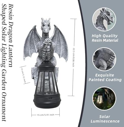 Outdoor Solar Dragon Statue Tree Hugger, Gothic Gargoyle Statues Wall Sculpture with Haning Solar Lantern for Outdoor Patio Lawn, Fence Decoration, Dragon Outdoor Statues Fantasy Wall-Mounted Art