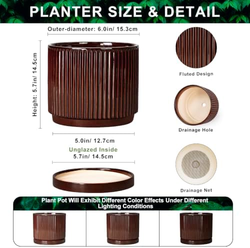Ceramic Plant Pots, 6 Inch Pots for Plants, Round Planter, Brown
