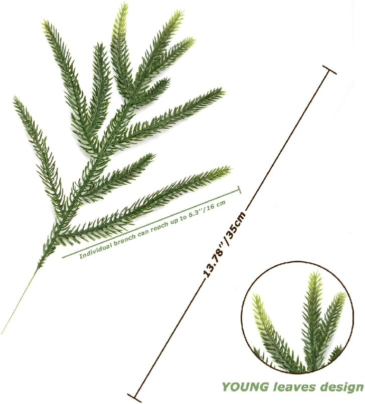 24 Pcs Norfolk Pine Stems, 13.8" Artificial Faus Pine Branches, Real Touch Pine Branch, Christmas Greenery Stems Pine Pick for Vase, DIY Garland, Wreaths, Home, Wedding, Garden, Holiday Decor