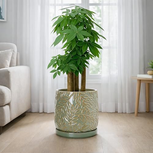 D'vine Dev Embossed Leaves Ceramic Planter, 10 in, Olive, 27-A-P-0