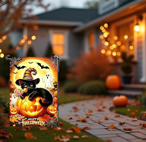 Halloween Black Cat Garden Flags Outside 12x18 Double Sided Burlap