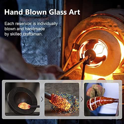 LUJII Hand Blown Glass Hummingbird Feeder for Outdoors Hanging with Ant Moat, 36 fl.oz, Leak Proof & Rustproof, Metal Base with 5 Feeding Ports & 5 Perches, Unique Garden & Backyard Decor (Ribbon)