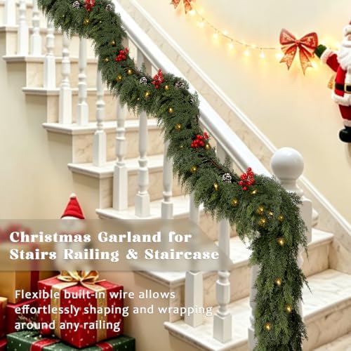 9FT Realistic Christmas Cedar Garland for Mantel, Soft Touch with Lights