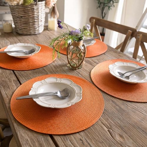 FunWheat Round Braided Placemats Set of 4 Table Mats for Dining Tables Woven Washable Non-Slip Place mats 15inch (Orange, 4pcs)