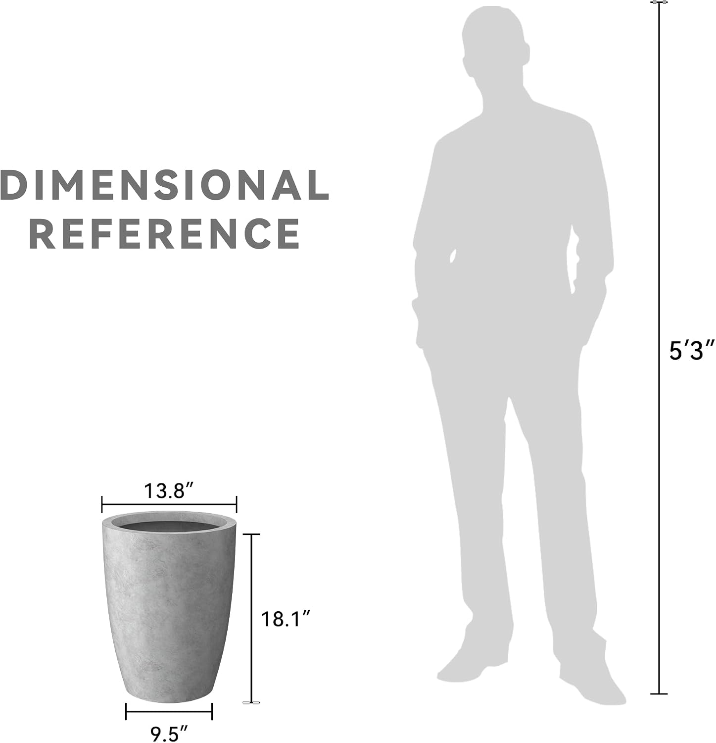 Kante Small Round Tapered Pale Gray Concrete Planter 18.1" Tall, Outdoor | Rubber Plug for Indoor, Drainage for Garden
