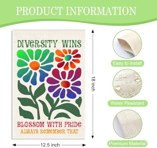 Diversity Wins Blossom with Pride Garden Flag, 12 x 18 Inch Double Sided Rainbow Floral Pride Month Yard Flag Gifts for LGBTQ Supporter Equality Advocate, Inclusive Outdoor Lawn Porch Decor