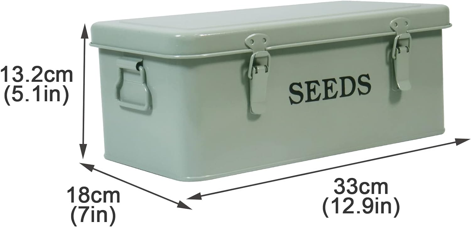 Seed Storage Box Metal Container Organizer, 4-Compartment Garden Seed Box with Safety Locks - Grayish Green