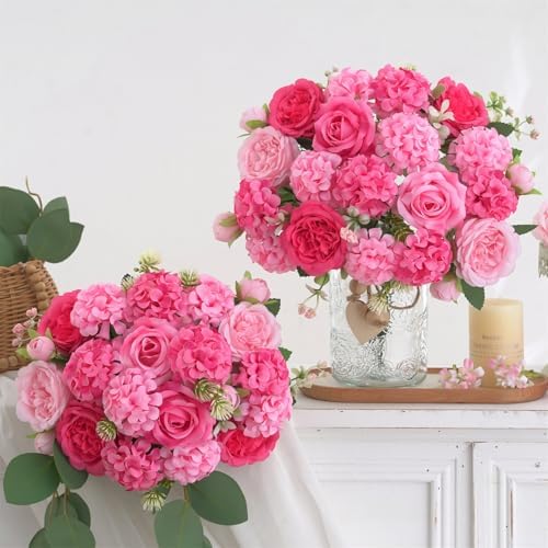 4 Pcs Mixed Artificial Peony Flowers Set-2 Bouquets & 2 Stems, Small Pink Fake Peony Rose Hydrangea Flowers for Vase Silk Floral Arrangements for Table Centerpiece Home Wedding Party Bridal Decoration