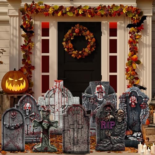 10 Styles Halloween Large Tombstone Gravestones Yard Stakes Decorations 17IN Headstone Outside Signs with Stakes for Halloween Scary Spooky Patio Lawn Yard Garden Cemetery Outdoor Decors