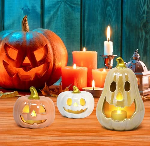 Halloween Ceramic Pumpkin Tea Light Holder Set of 3 Jack O Lanterns