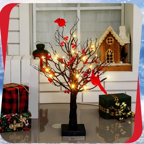 Realspring 2 Pcs Vintage Glowing Tree with Cardinals Christmas Lighted
