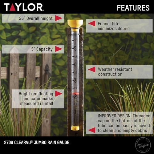 Taylor Capacity Jumbo Rain Gauge, Measure and Monitor Precipitation, Easy to Read for Backyard, Patio, Garden, and Lawn, 5-inch, Yellow