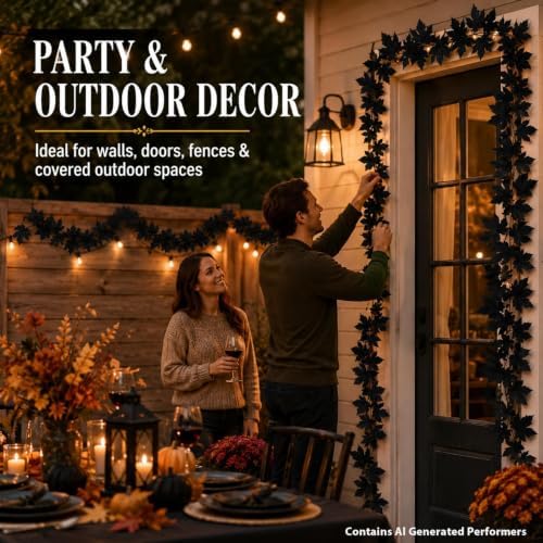 RAINFLOW Halloween Black Leaf Garland, 2 Pack 6.6FT Fall Maple Leaves Vines