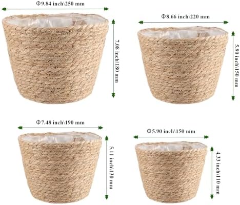 Set of 4 Seagrass Planter Basket, 6" 7" 9" 10" Hand Woven Plant Basket with Waterproof Plastic Liner, Round Natural Flower Pot for Indoor Outdoor Modern Home Decoration, Brown