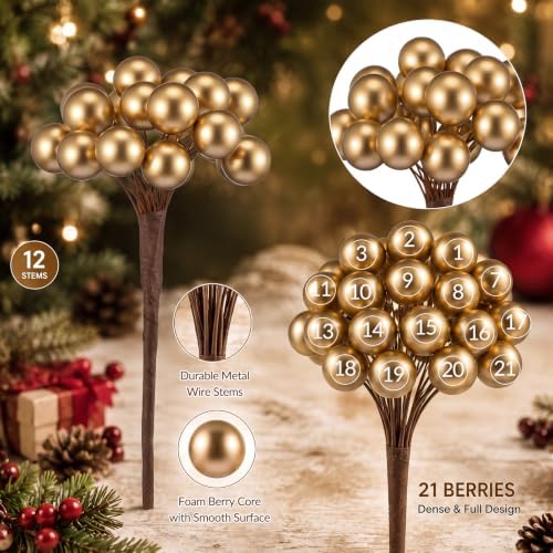 Thiccywoov 12 Pack Artificial Gold Berry Cluster Picks for Christmas Tree