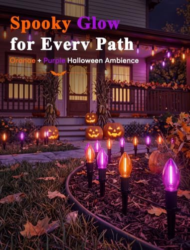 10 Pack Halloween Pathway Lights Outdoor, Orange & Purple LED Stake Lights