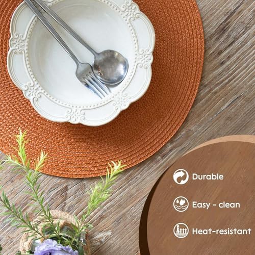 FunWheat Round Braided Placemats Set of 6 Table Mats for Dining Tables Woven Washable Non-Slip Place mats 15 Inch for Fall Decoration(Pumpkin Orange)