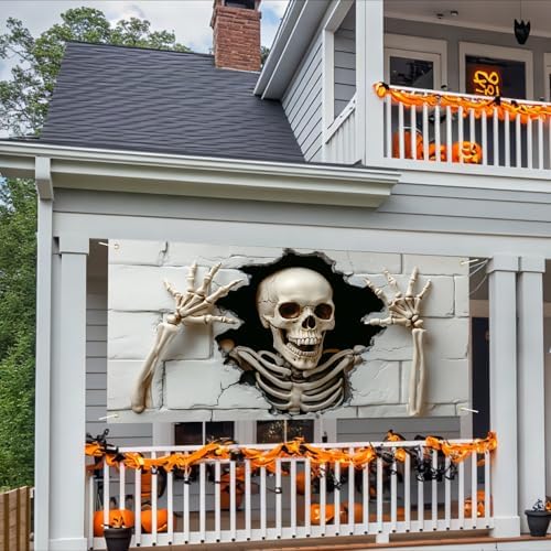 118"x35" Extra Large Happy Halloween Banner Big Spooky Halloween Backdrop for Giant Outdoor Yard Easy Hang with Ropes&Grommets–Perfect for Fence, Porch, Garden, Haunted House Party Signs (Skull, 71"x35")
