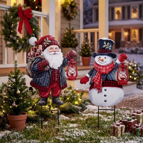 Hotop 2 Pcs Metal Christmas Yard Stakes Decorative Santa Claus Snowman Yard Sign Stake 20.47 Inches Xmas Garden Signs Christmas Outdoor Decorations for Outside Xmas Garden Holiday Party