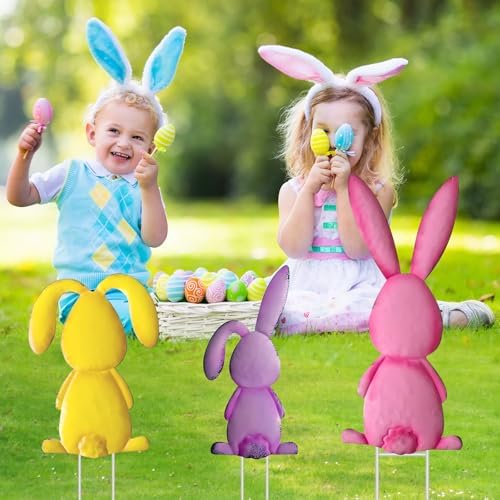 Outdoor Easter Yards Signs Decorations, 5 Pack Metal Bunny Signs with Stake