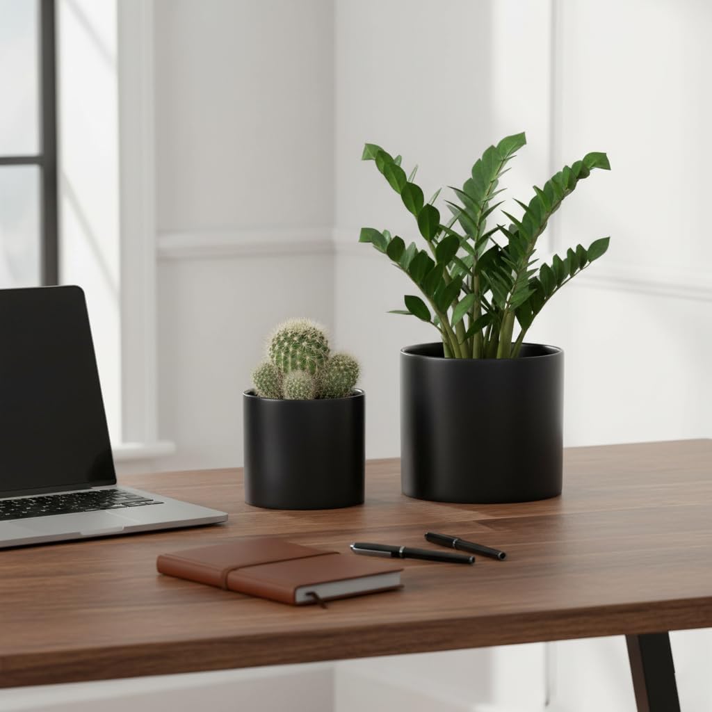 Nihow Ceramic Plant Pots with Drainage for Indoor Plants, 5 & 7 Inch,Black | Cylinder Shape, For Indoor Plants