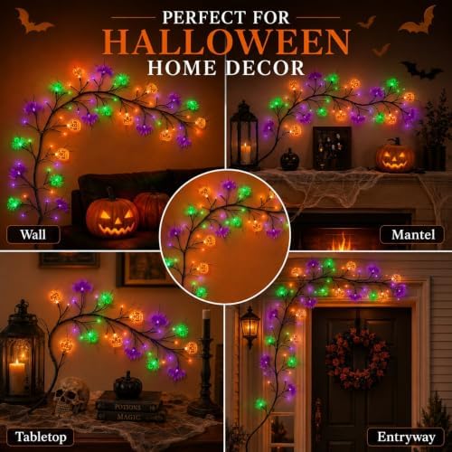 6FT Halloween Willow Vine Lights, 54 LED Bat Pumpkin Spider Branch Decor