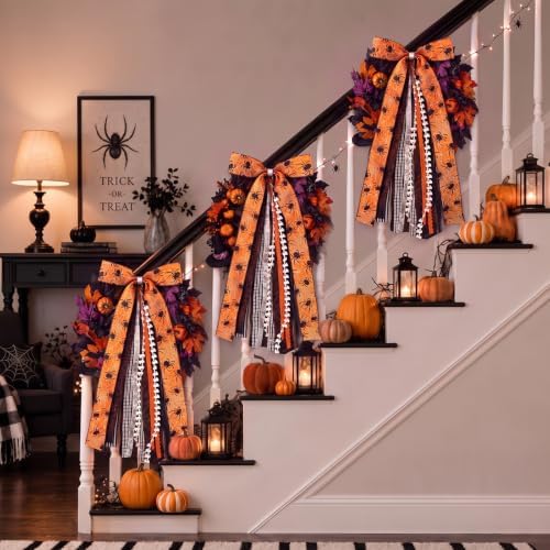 Suncalla 2 Pcs Halloween Orange Spider Web Ribbon Bow for Wreath Front Door