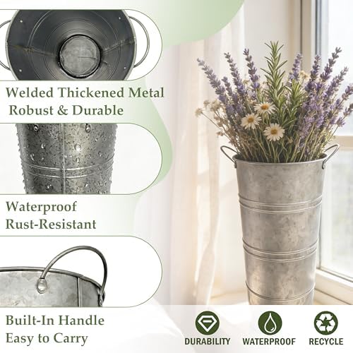 9 Inch Black Metal Flower Buckets, Set of 6 - Rustic Vases with Handles