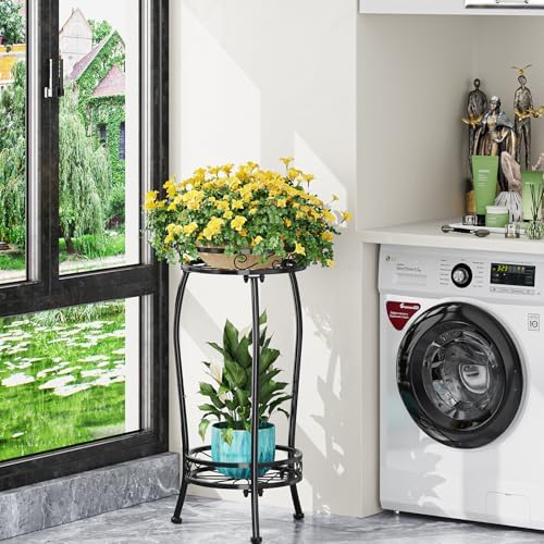 Simple Trending Plant Stand Indoor Outdoor, Tall Round Plant Shelf, 2 Tiers Metal Flower Pot Holder Stand Heavy Duty, for Garden, Balcony, Black