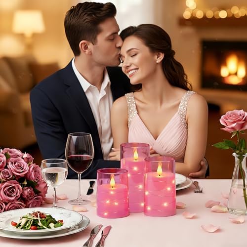 Homemory Flickering Flameless Candles, Pink LED Pillar Candles with Remote