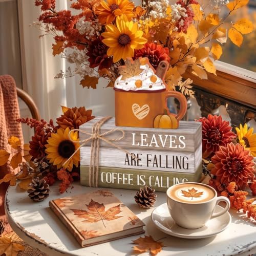 4 Pcs Fall Coffee Table Decorations Fall Tiered Tray Decor Thanksgiving Centerpiece Rustic Wooden Hot Cocoa Cup Maple Leaves Pumpkin Sign for Autumn Harvest Party Coffee Bar Kitchen Home