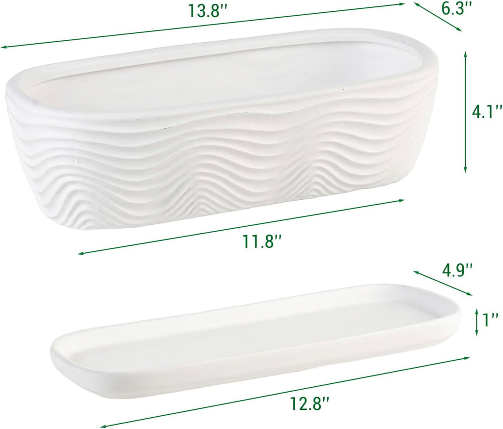 MyGift 12.5 inch Ceramic Planter, Modern Textured Rectangular Succulent Flower Plant Pot with Wave Design and Removable