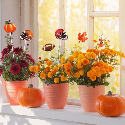 Whaline 7Pcs Fall Football Metal Planter Stakes Rugby Helmet Coffee Pumpkin Maple Leaf Garden Stakes Yard Sign for Autumn Thanksgiving Outdoor Lawn Porch Walkway Decor