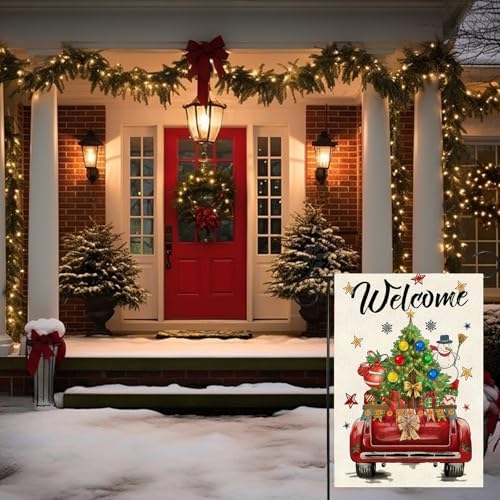 Winter Christmas Garden Flag, Red Truck with Holiday Elements, 12x18 Inches, Double Sided, Burlap, Weather & Fade Resistant