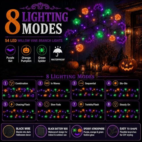 6FT Halloween Willow Vine Lights, 54 LED Bat Pumpkin Spider Branch Decor