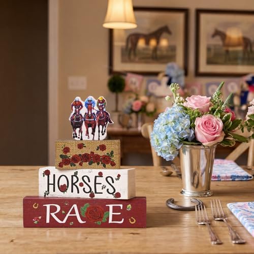 Smile Horses and Races Wooden Block Decor Jockey HORSES RACES Rose Tiered Tray Tabletop Signs for Horse Racing Party Decorations