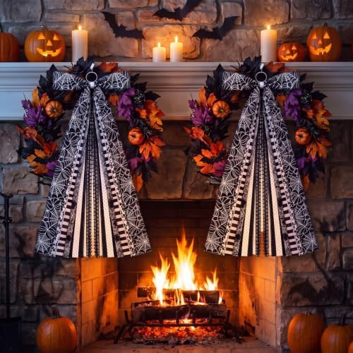 Suncalla 2 Pcs Halloween Black Spider Web Ribbon Bow for Wreath Front Door