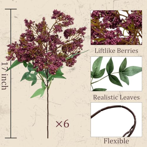 Thewe 6Pcs Berries Stems Fake Flowers for Vase