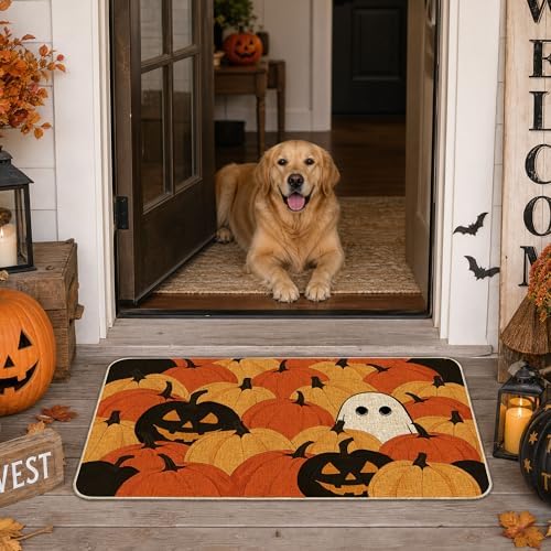 Hexagram Halloween Door Mat 17x29 Inch, Pumpkin Welcome Doormat