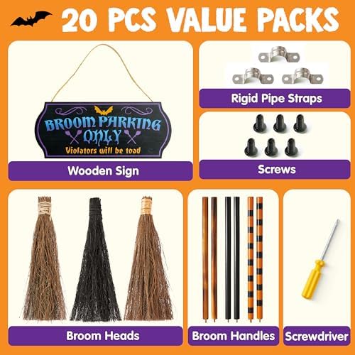 JOYIN Halloween Broom Parking Sign with 3pcs Wooden Witches Brooms, Halloween Decorations Outdoor, Wooden Warning Sign for Front Porch Wall Decor Home Office Indoor