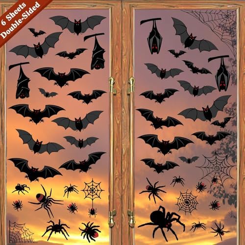 Halloween Decorations Window Clings Decor, Large Scary Silhouette Bats Spider Kids School Home Office Accessories Party Supplies Gifts, 6 Sheet 59pcs